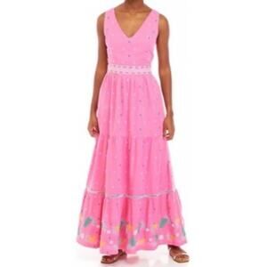 Crown & Ivy Tiered Maxi Dress 6 Pink Embroidered Sleeveless Cut Out Cottagecore